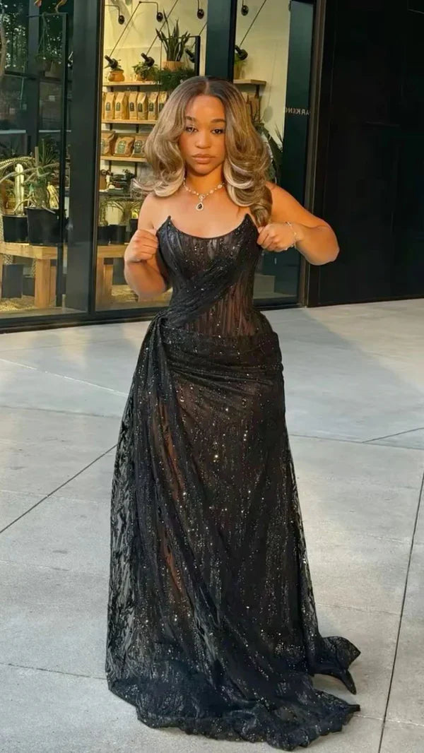 Black Long Prom Dress With Slit Strapless Evening Dress