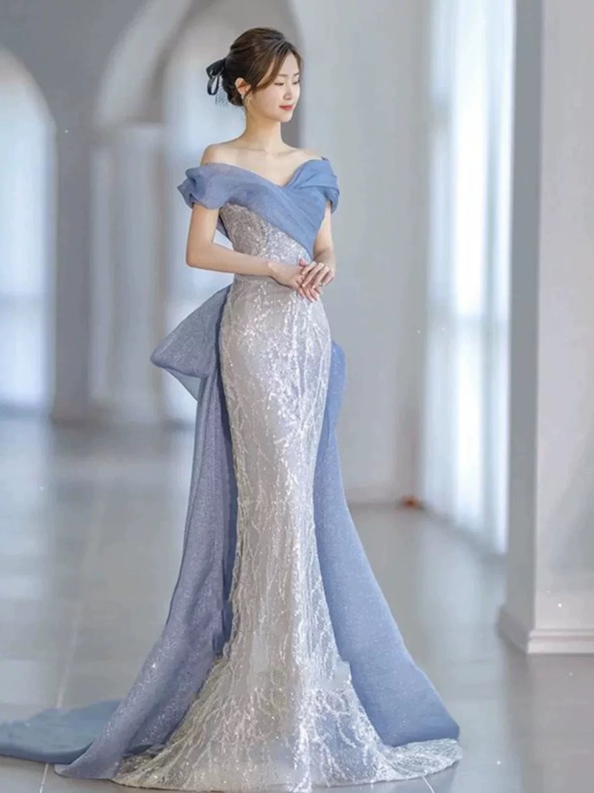 Classy Mermaid Off The Shoulder Blue Sequin Long Party Dress Prom Dresses SD1826