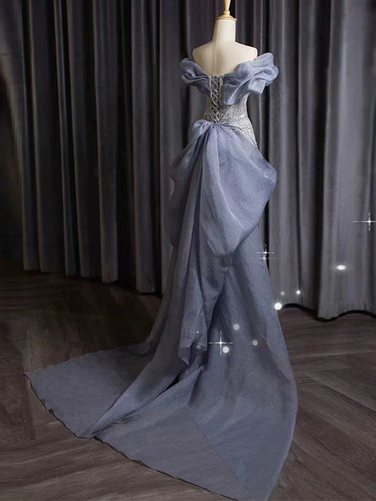 Classy Mermaid Off The Shoulder Blue Sequin Long Party Dress Prom Dresses SD1826