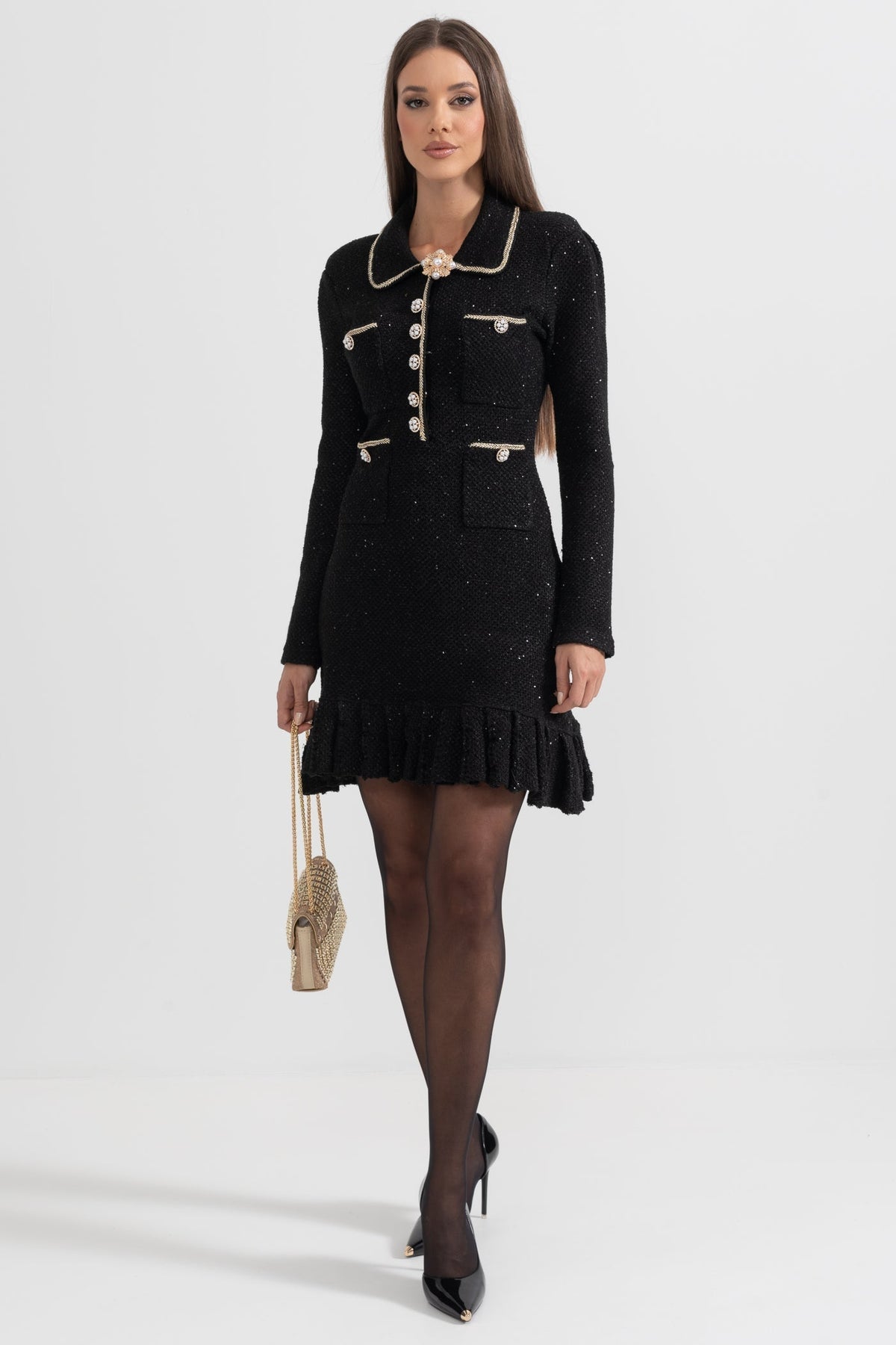 Tweed Pearl Collar Metallic Button Patch Pocket Mini Dress - View 5