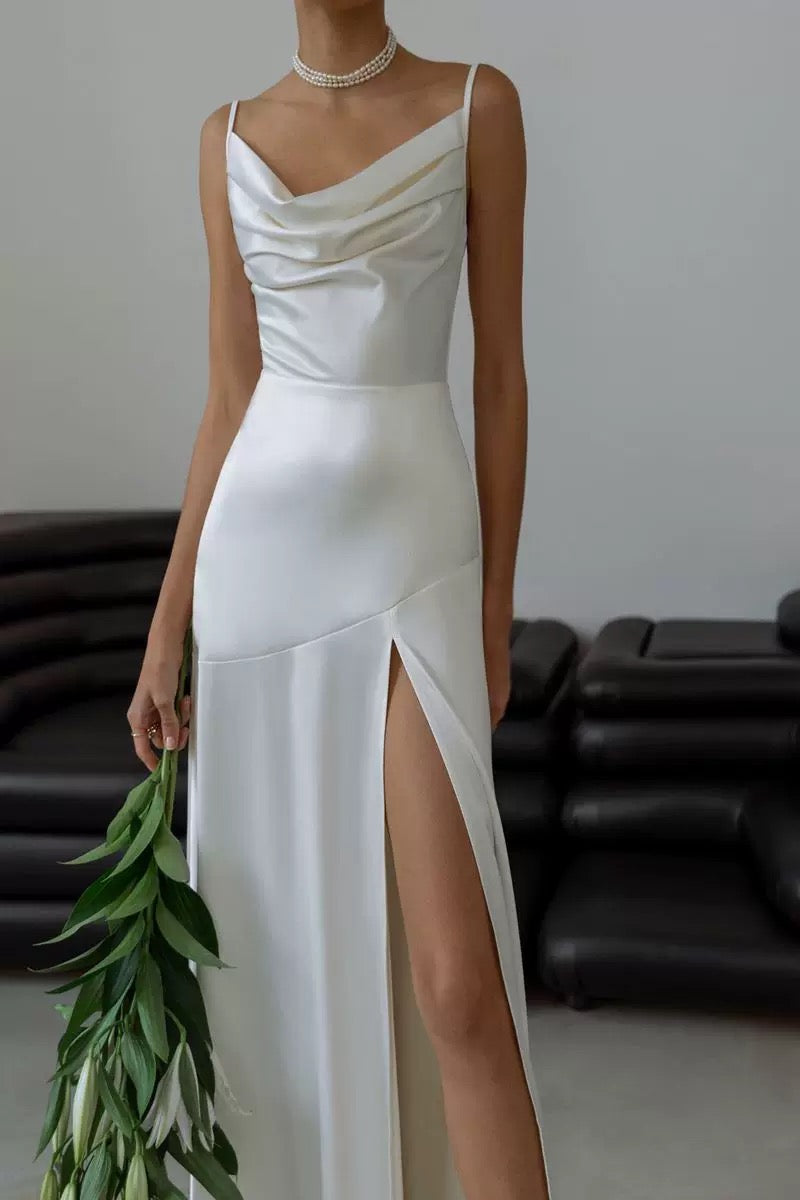 Gorgeous Mermaid Spaghetti Straps Floor-length White Slit Evening Dress Prom Dresses SD2055