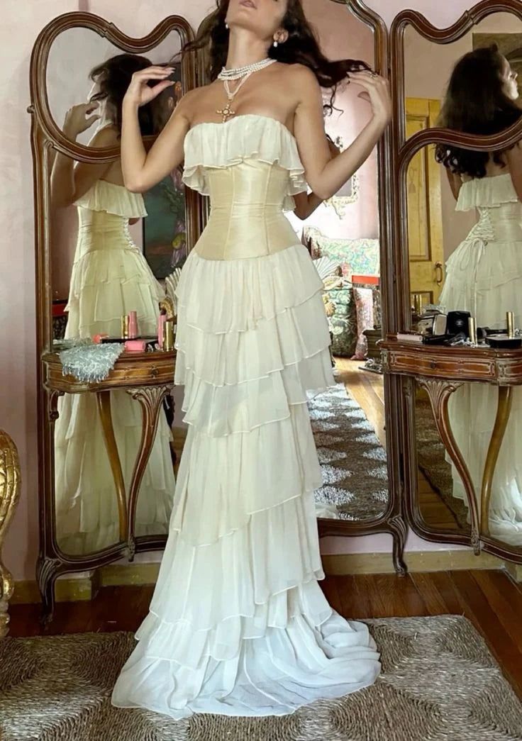 Gorgeous A-Line Strapless Chiffon Long Prom Dresses Formal Evening Dress SD2205