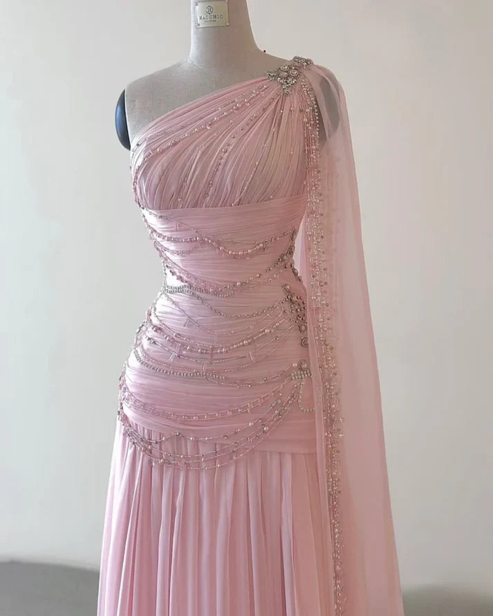Vintage One Shoulder Pink Beaded A Line Chiffon Evening Dress Elegant Prom Dress cc1659