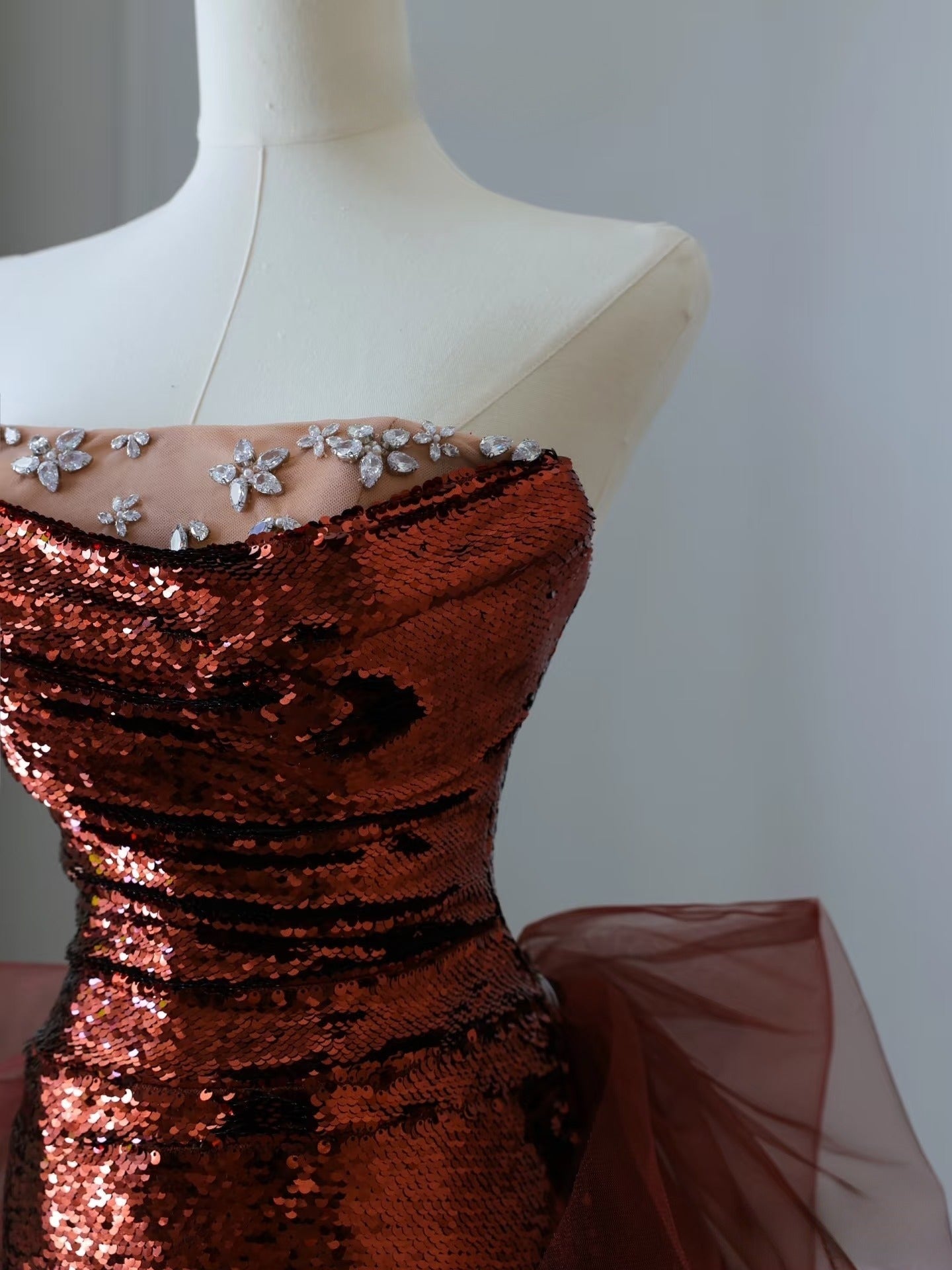 Classy Mermaid Strapless Burgundy Sequin Long Evening Dress Prom Dresses SD2492