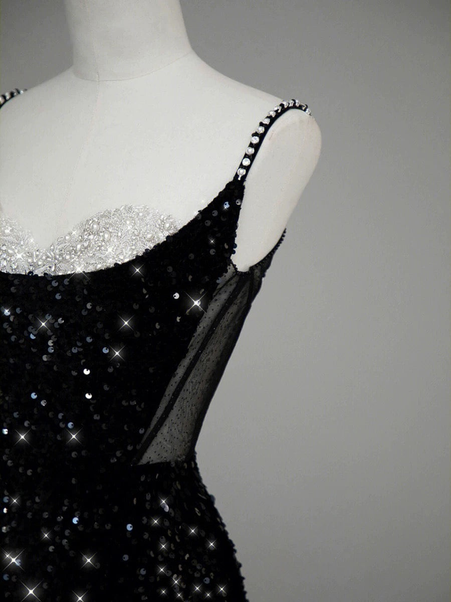 Classy Mermaid Spaghetti Straps Black Sequin Slit Long Evening Gowns Prom Dress SD2744