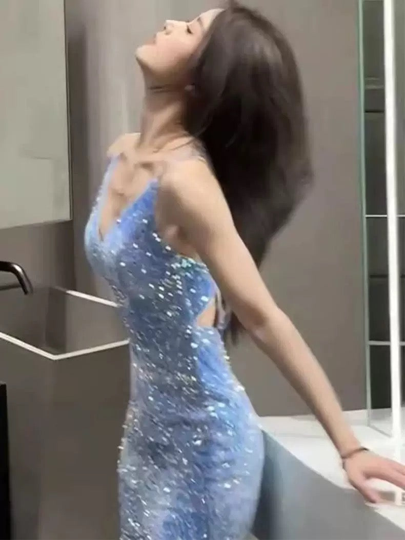 Classy Mermaid Spaghetti Straps Blue Sequin Long Evening Gowns Prom Dress SD2769