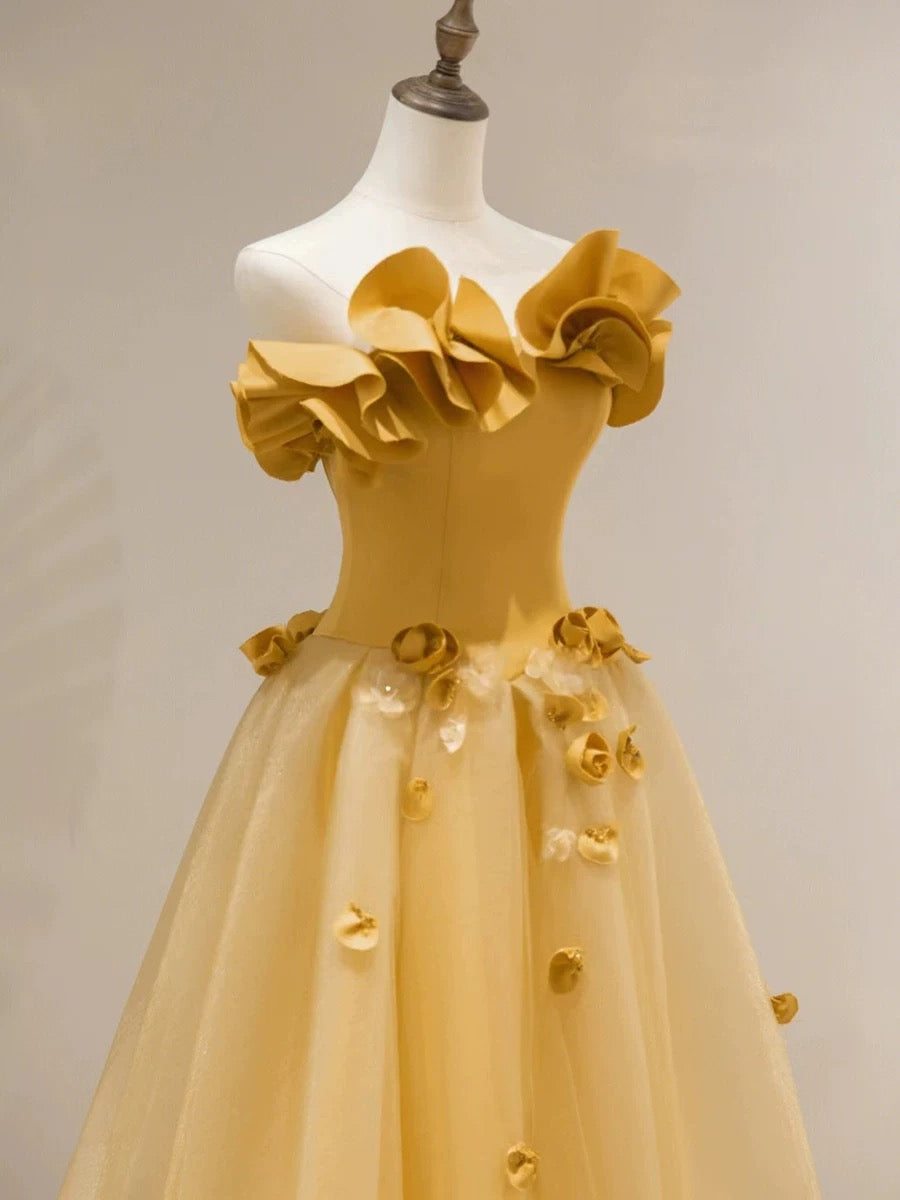 Modest A line Strapless Yellow Tulle Long Prom Dress Party Dress SD2795