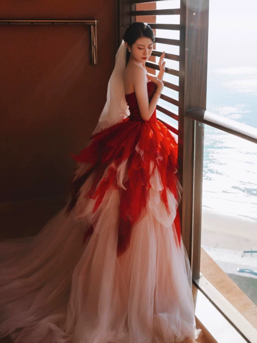 Gorgeous Balll Gown Sweetheart Red Tulle Ruffles Long Evening Dress Prom Dresses SD2802