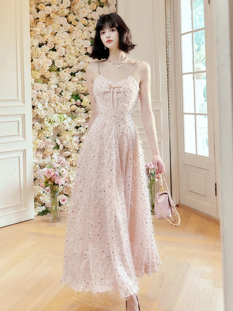 Pretty A Line Spaghetti Straps Pink Ankle Length Evening Dress Prom Dresses SD2817