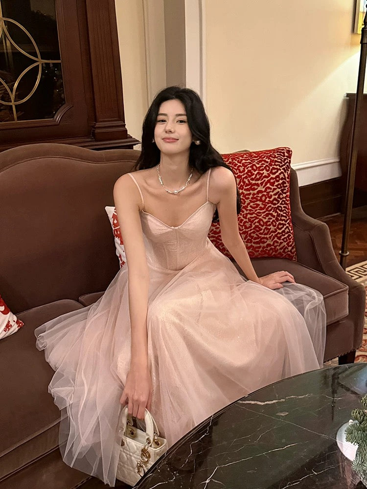 Pretty A Line Spaghetti Straps Tulle Pink Ankle Length Evening Dress Prom Dresses SD2835