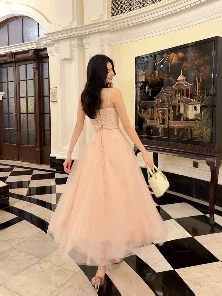 Pretty A Line Spaghetti Straps Tulle Pink Ankle Length Evening Dress Prom Dresses SD2835