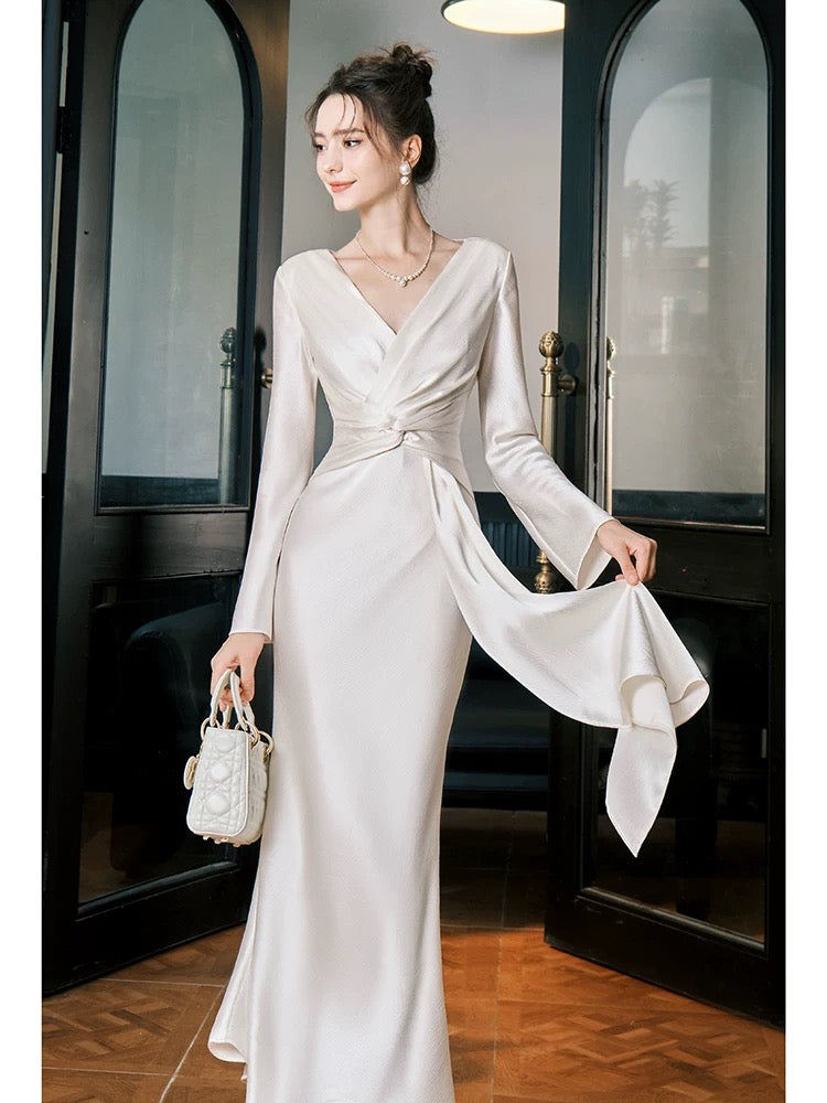 Modest Mermaid V Neckline Satin Ankle Length Evening Dress Prom Dresses SD2858