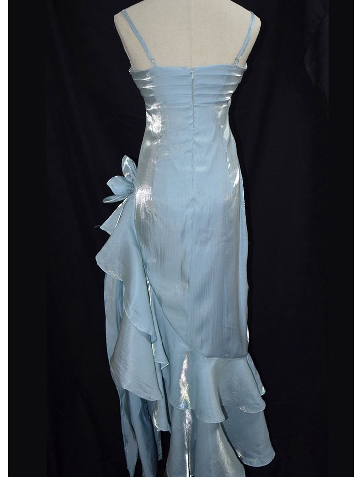 Retro Baby Blue Vintage Floral Dress Asymmetrical Hem Prom Gown SD2954