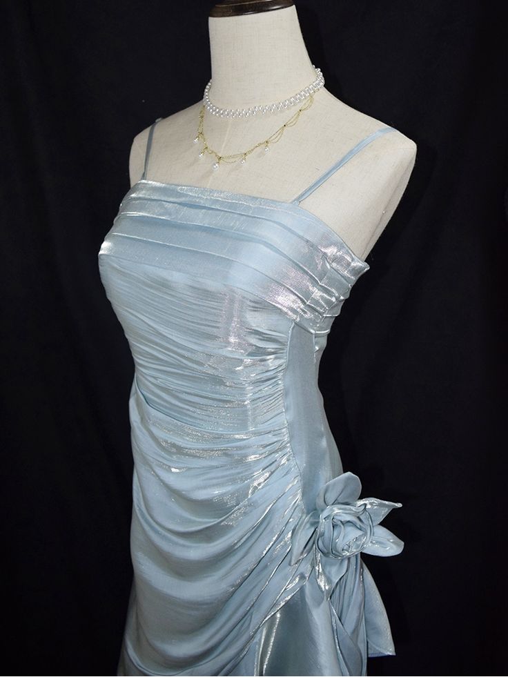 Retro Baby Blue Vintage Floral Dress Asymmetrical Hem Prom Gown SD2954
