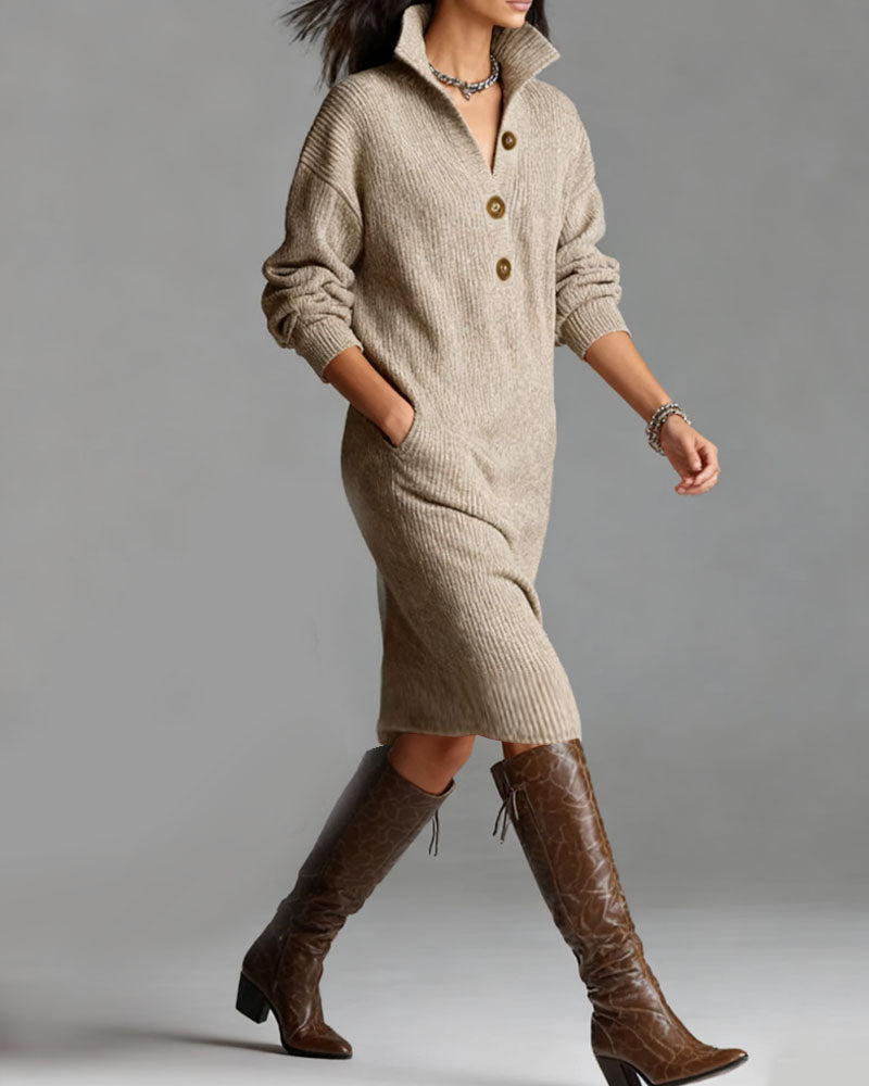 Collared Button Long Sleeve Knit Midi Dress Pocket 4
