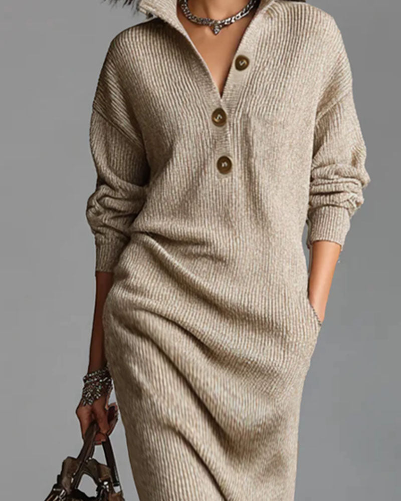Collared Button Long Sleeve Knit Midi Dress Pocket 5