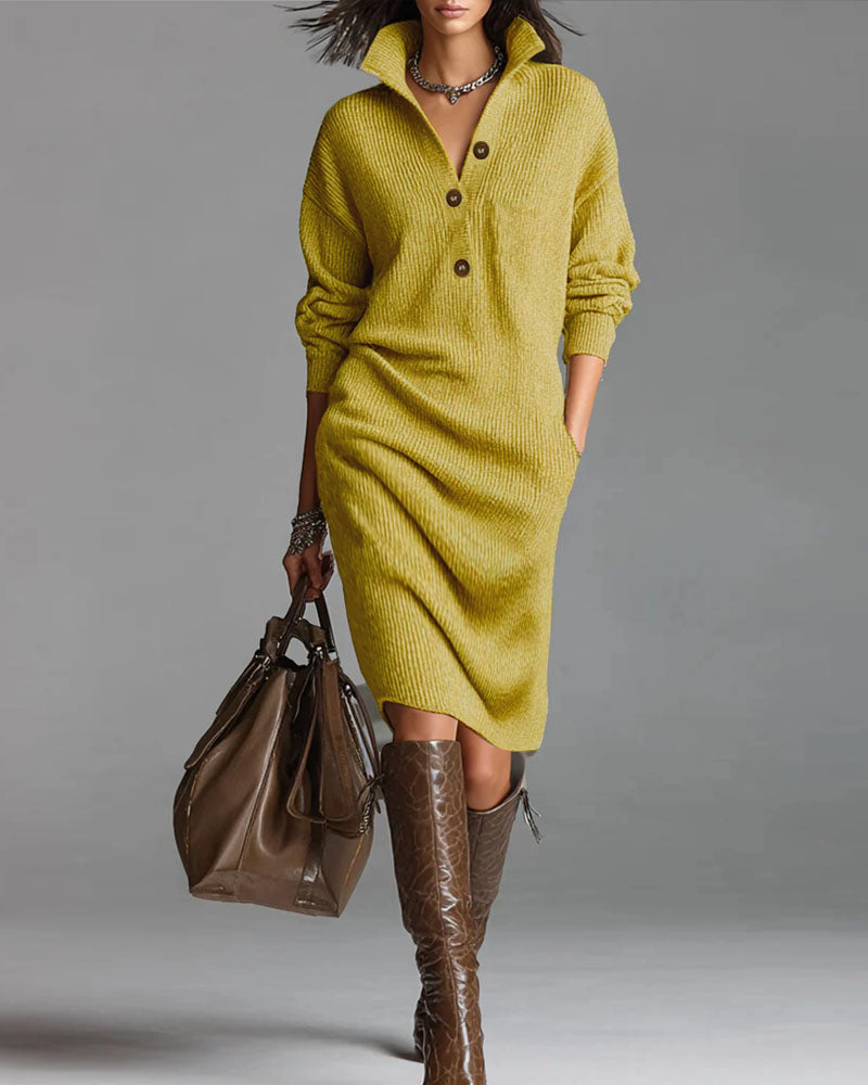 Collared Button Long Sleeve Knit Midi Dress Pocket 2