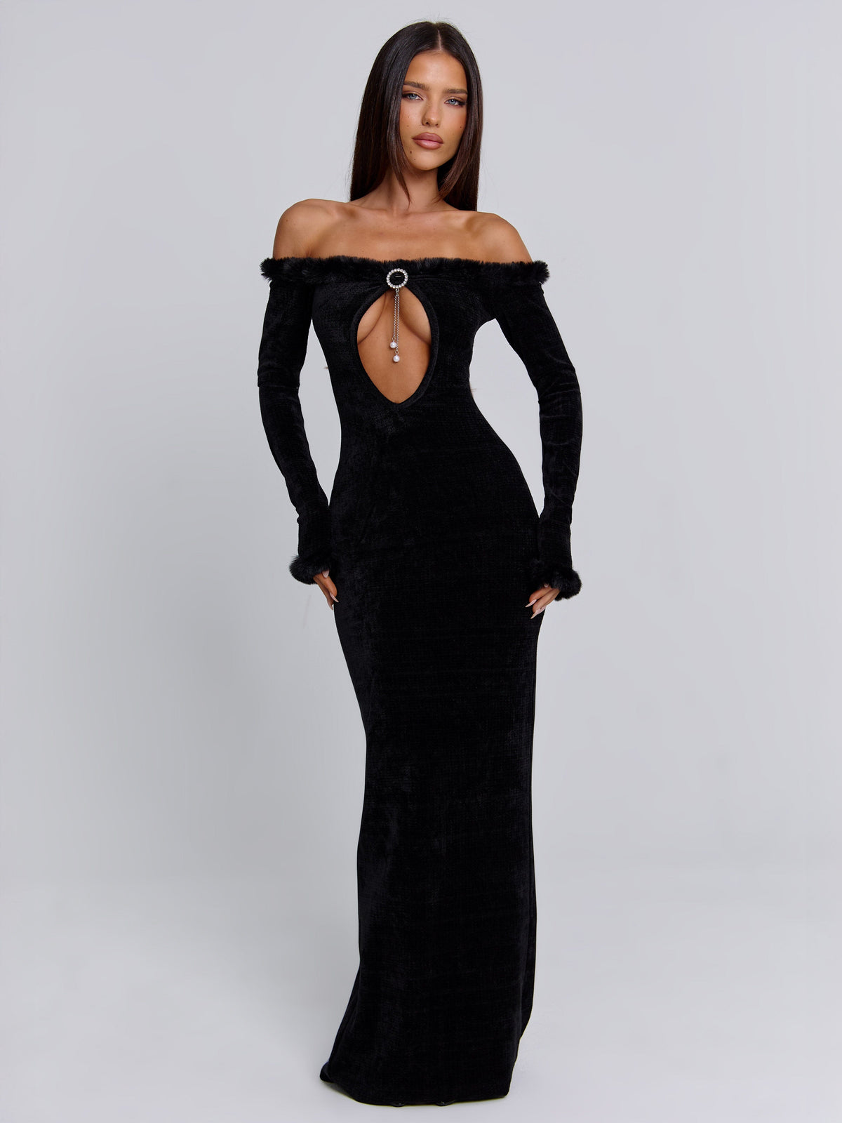 Velvet Off Shoulder Faux Fur Trim Keyhole Cut Out Long Sleeve Maxi Dress 6