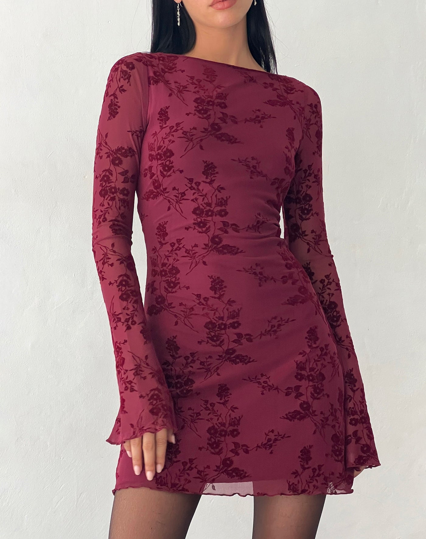 Flocked Floral Mesh Long Sleeve Ruched Mini Dress 5