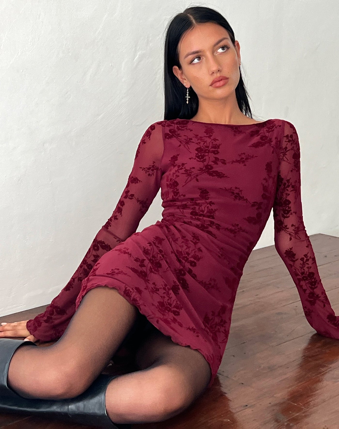 Flocked Floral Mesh Long Sleeve Ruched Mini Dress
