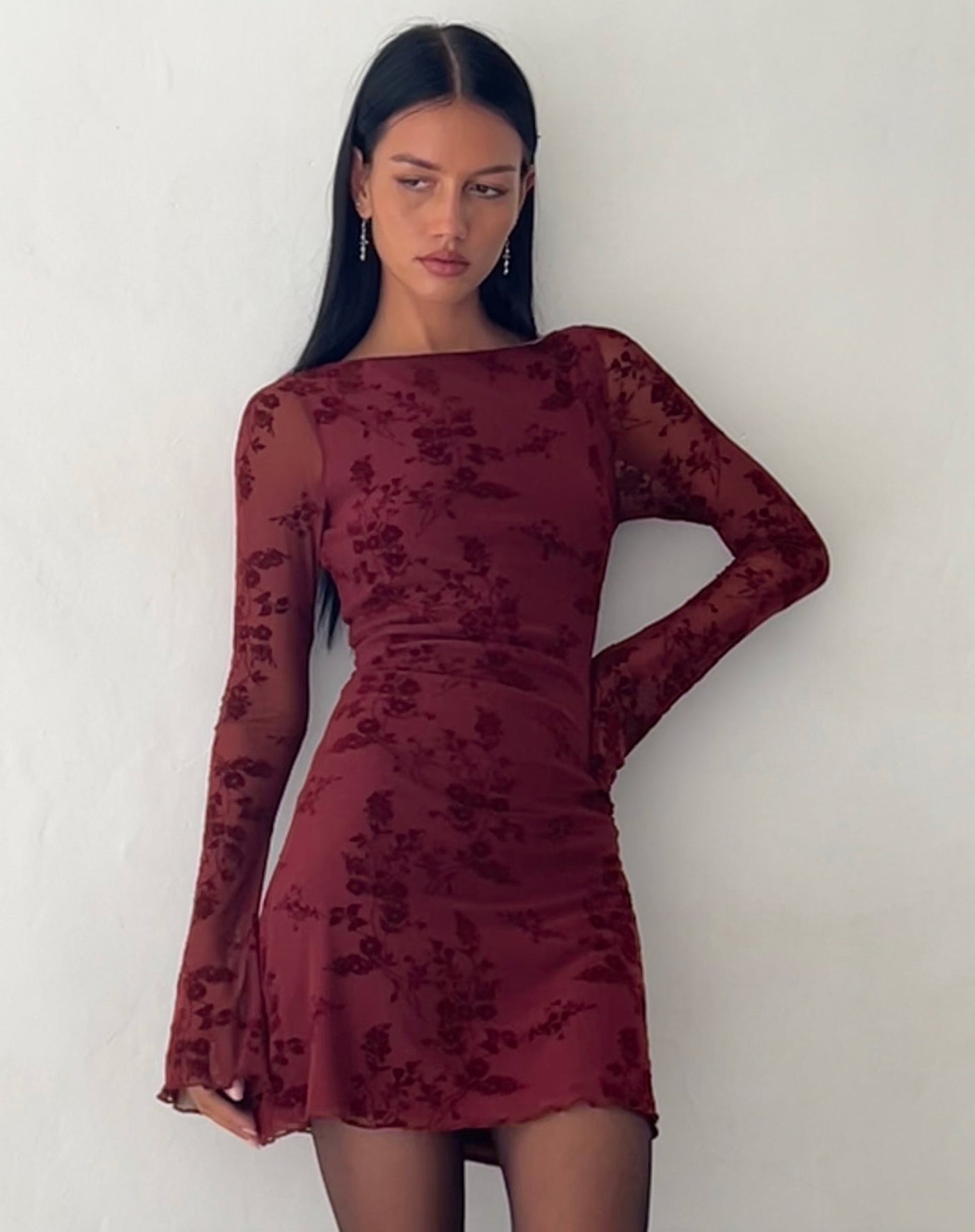 Flocked Floral Mesh Long Sleeve Ruched Mini Dress 3