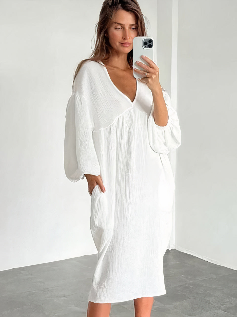 Crinkled Gauze Deep V-Neck Balloon Sleeve Empire Waist Midi Dress