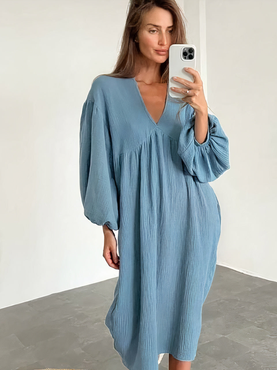 Crinkled Gauze Deep V-Neck Balloon Sleeve Empire Waist Midi Dress