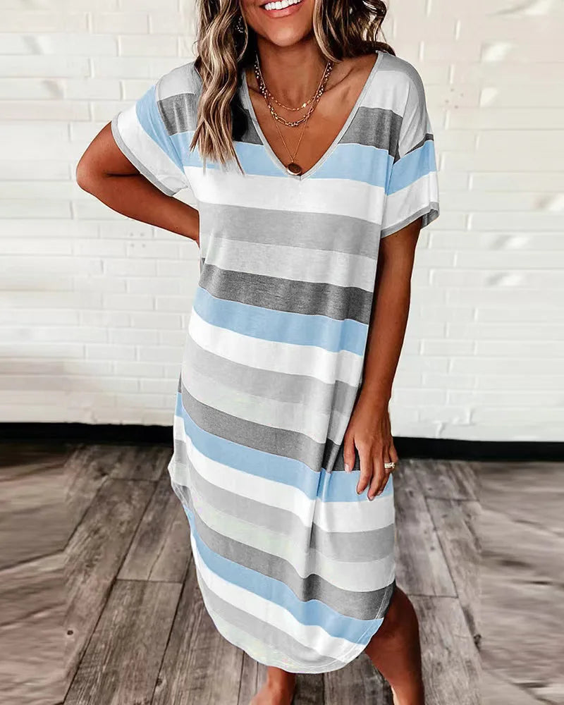 Striped V-Neck Short Sleeve Relaxed Shift Midi Dress