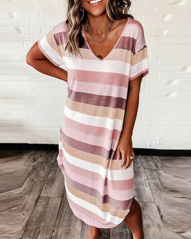 Striped V-Neck Short Sleeve Relaxed Shift Midi Dress