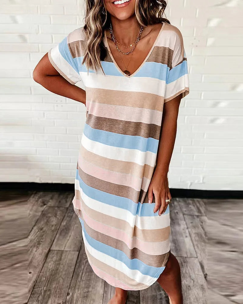 Striped V-Neck Short Sleeve Relaxed Shift Midi Dress