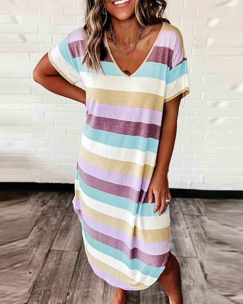 Striped V-Neck Short Sleeve Relaxed Shift Midi Dress
