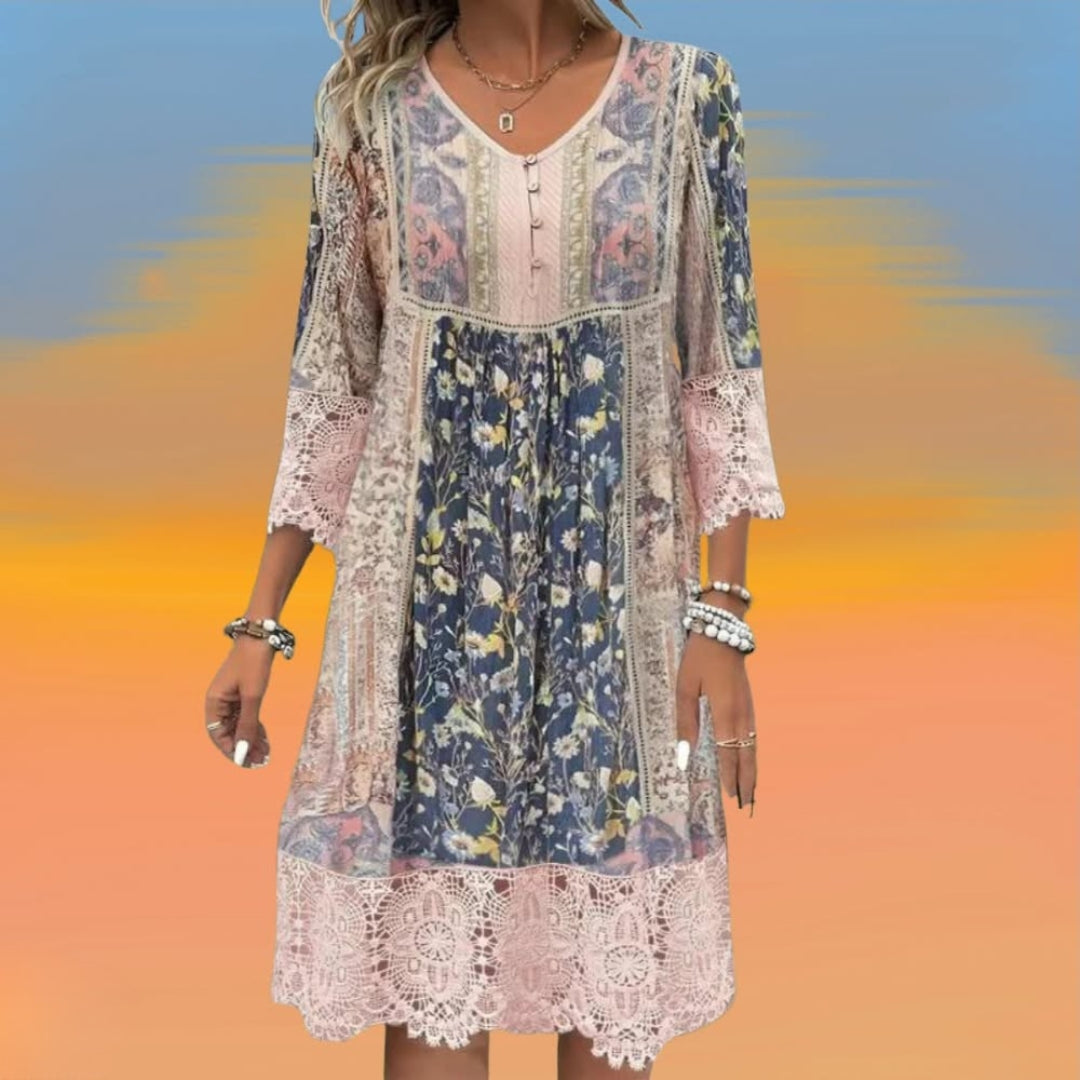 Boho Patchwork Print Lace Trim Bell Sleeve Tunic Dress