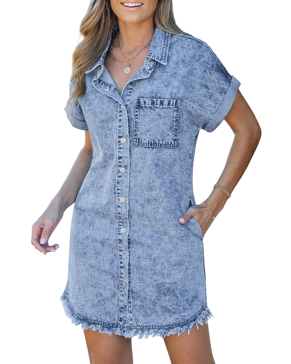 Short Sleeve Button Front Frayed Hem Denim Shirt Dress