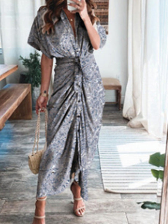 Abstract Print Deep V-Neck Short Sleeve Tie Waist Maxi Dress - View 4