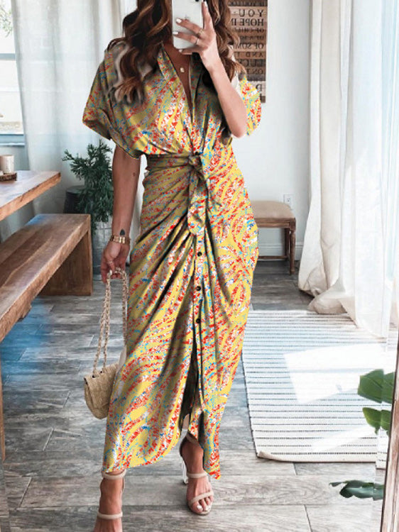 Abstract Print Deep V-Neck Short Sleeve Tie Waist Maxi Dress