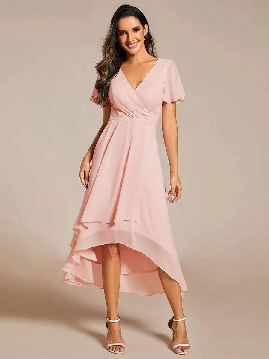 V-Neck Flutter Sleeve Chiffon High Low Midi Dress Wedding Guest