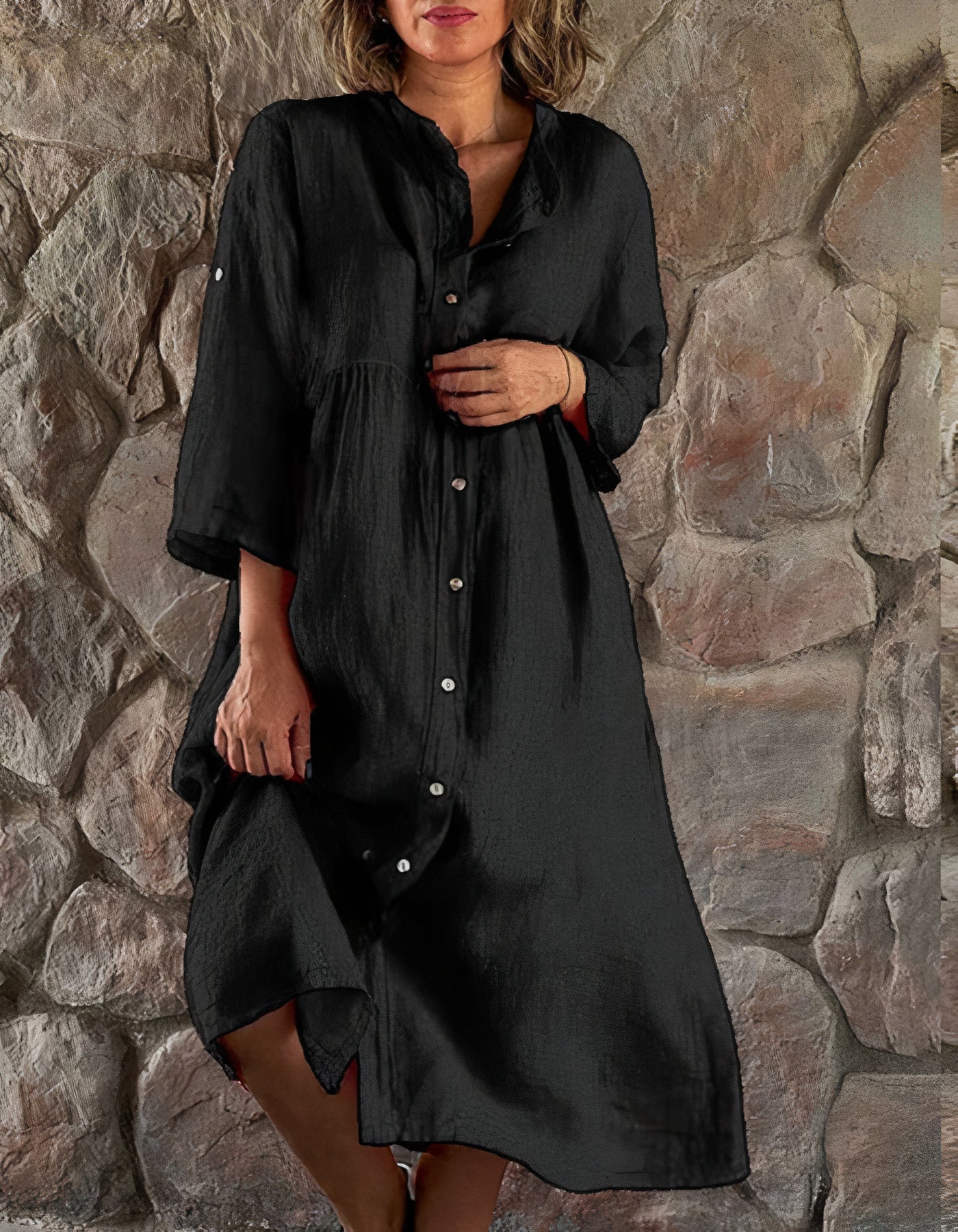 Mandarin Collar Button Front Roll Tab 3/4 Sleeve Empire Waist Tiered Midi Shirt Dress