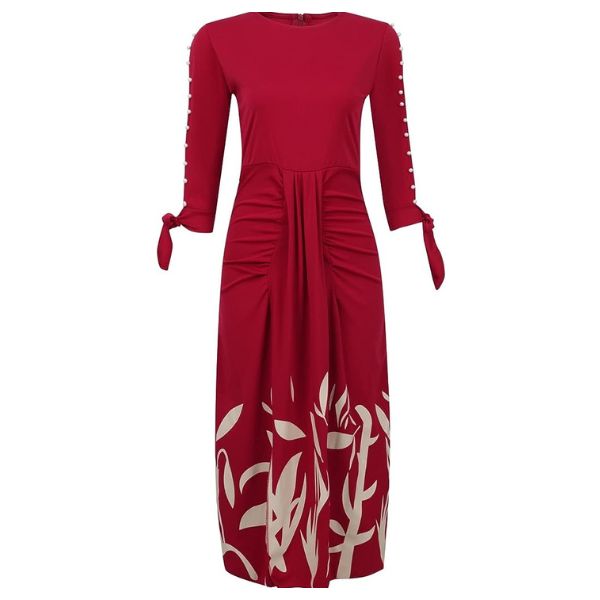 Cold Shoulder Pearl Trim Ruched Waist High Split Midi Cocktail Dress