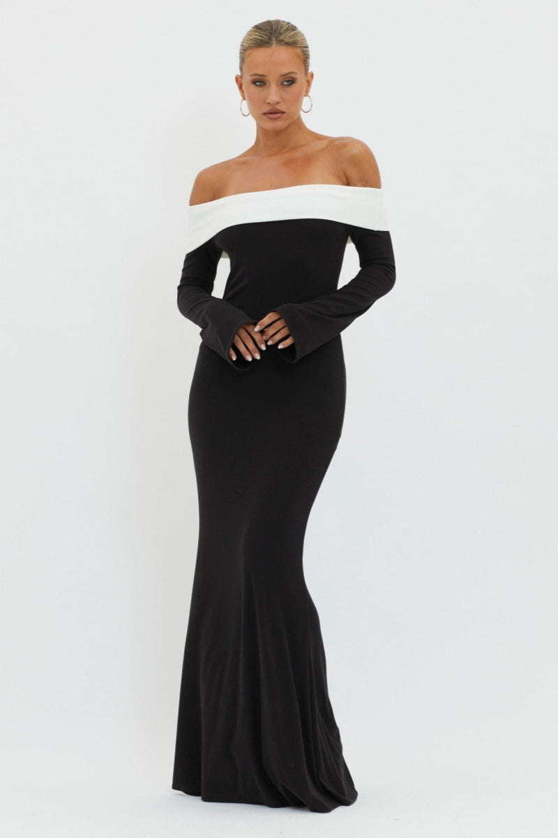 Off Shoulder Contrast Trim Long Sleeve Fishtail Maxi Gown