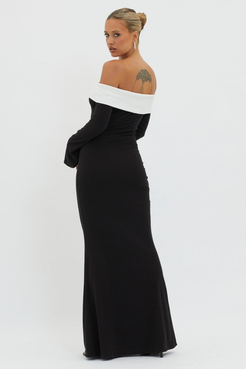 Off Shoulder Contrast Trim Long Sleeve Fishtail Maxi Gown 4