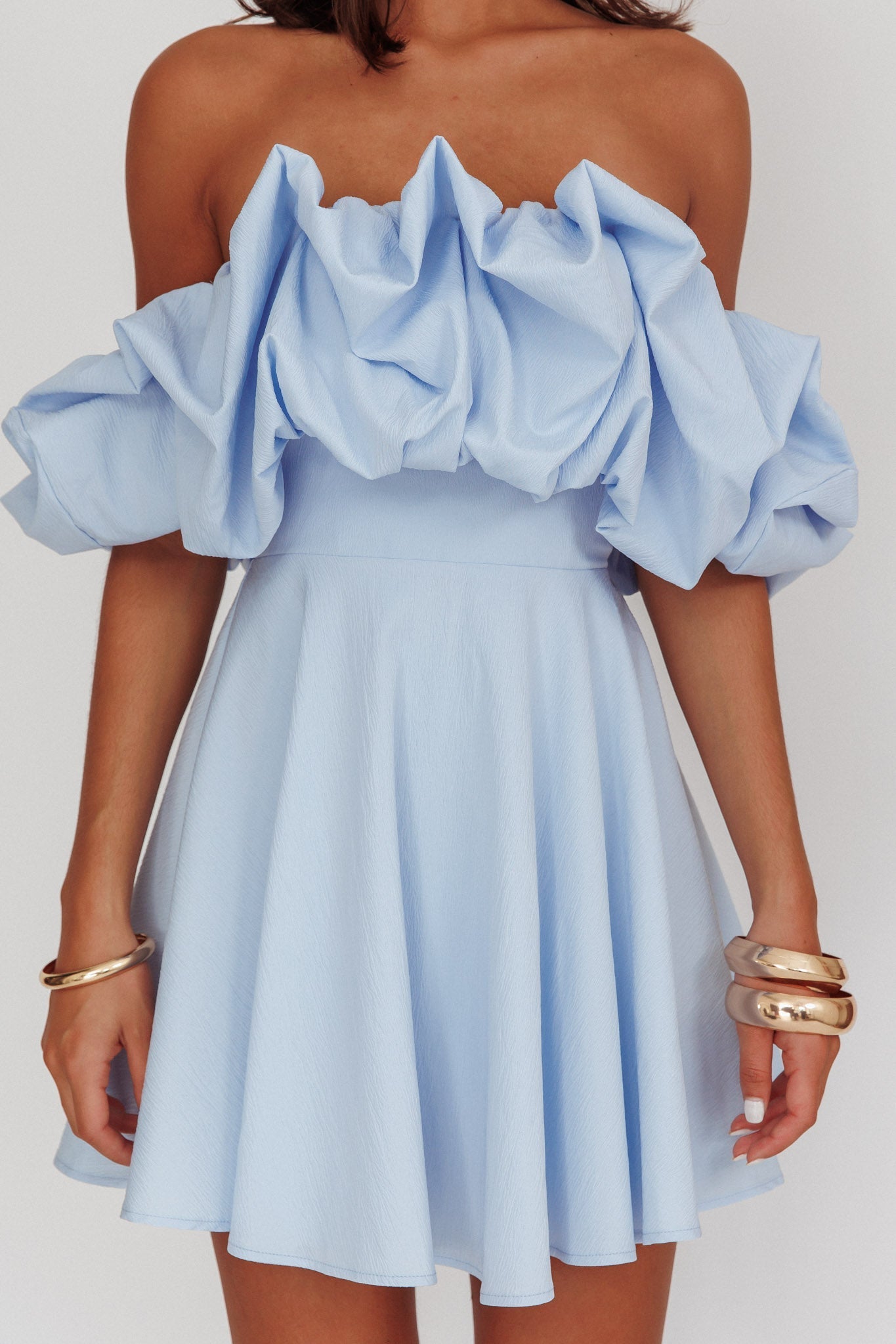 Off Shoulder Puff Sleeve Ruffle Fit and Flare Mini Dress 4