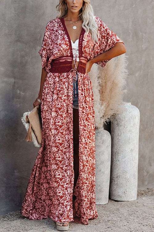 Floral Lace Waist Maxi Kimono