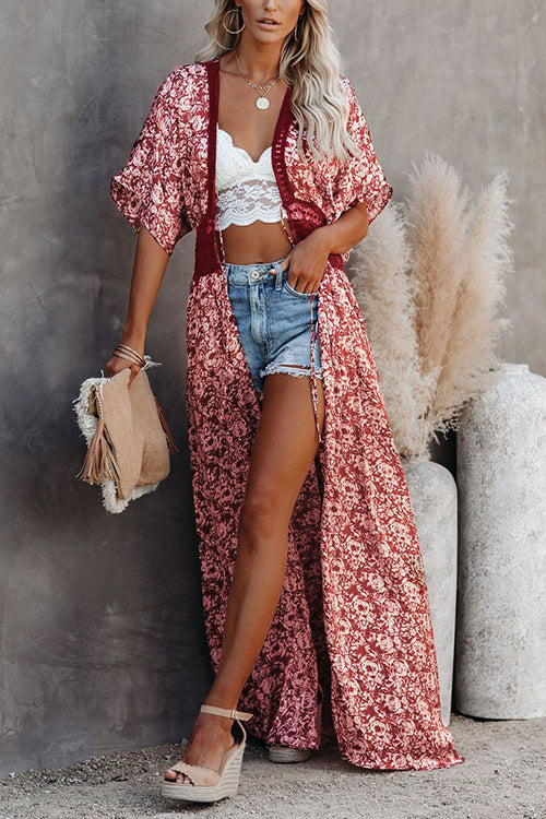 Floral Lace Waist Maxi Kimono