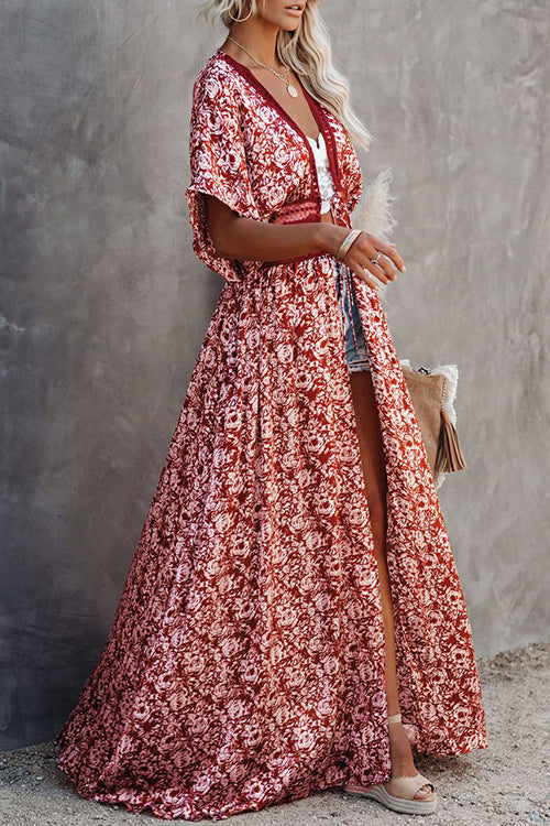 Floral Lace Waist Maxi Kimono