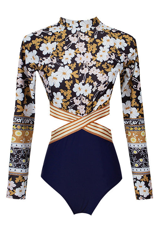 Cut Out Floral Long Sleeve One Piece Swimwear