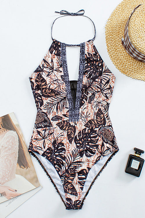 Leaf Mesh Halter Neck One Piece Swimwear