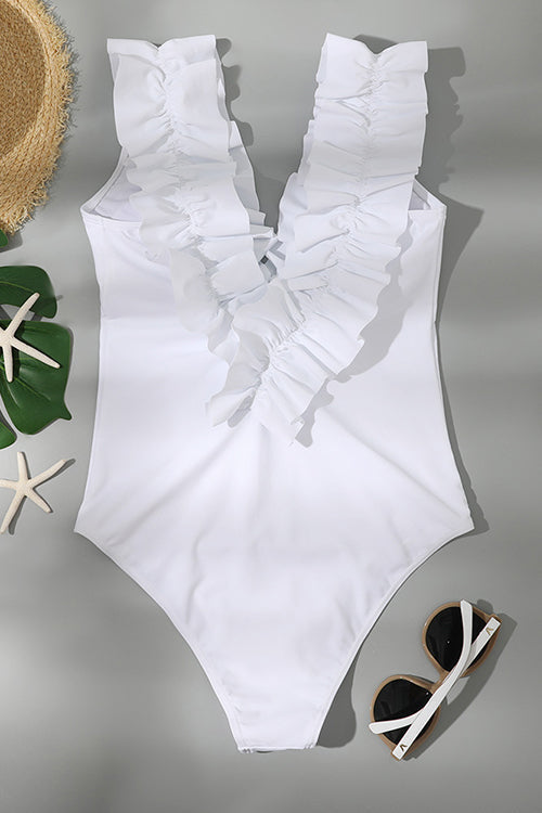 Ruffles Deep V Neck One Piece Swimwear