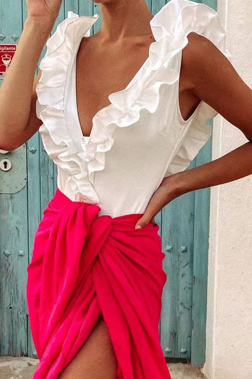 Ruffles Deep V Neck One Piece Swimwear