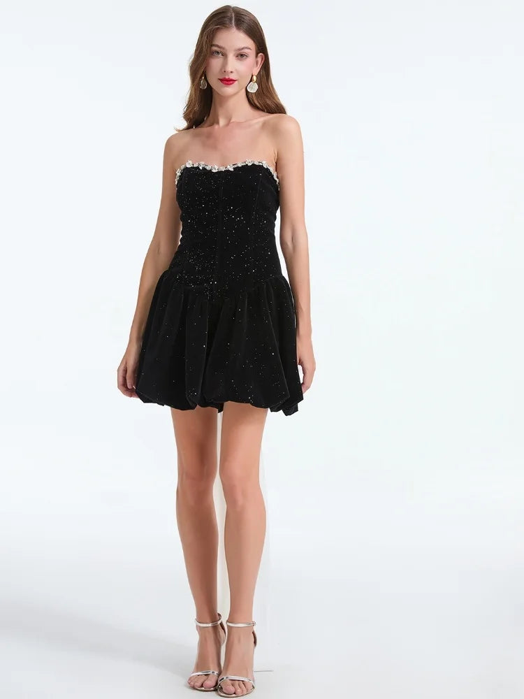 Strapless Sweetheart Rhinestone Trim Glitter Bubble Hem Mini Dress 4