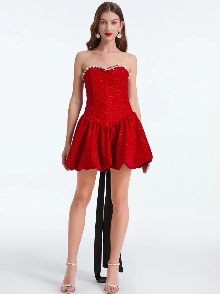Strapless Sweetheart Rhinestone Trim Glitter Bubble Hem Mini Dress